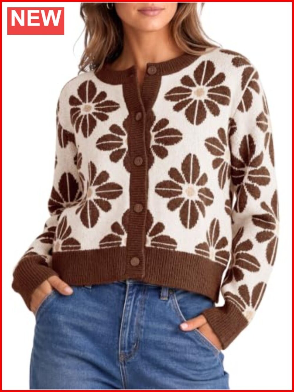 Womens Floral Cardigan Sweater Button Up Chunky Knit Long Sleeve Crewneck